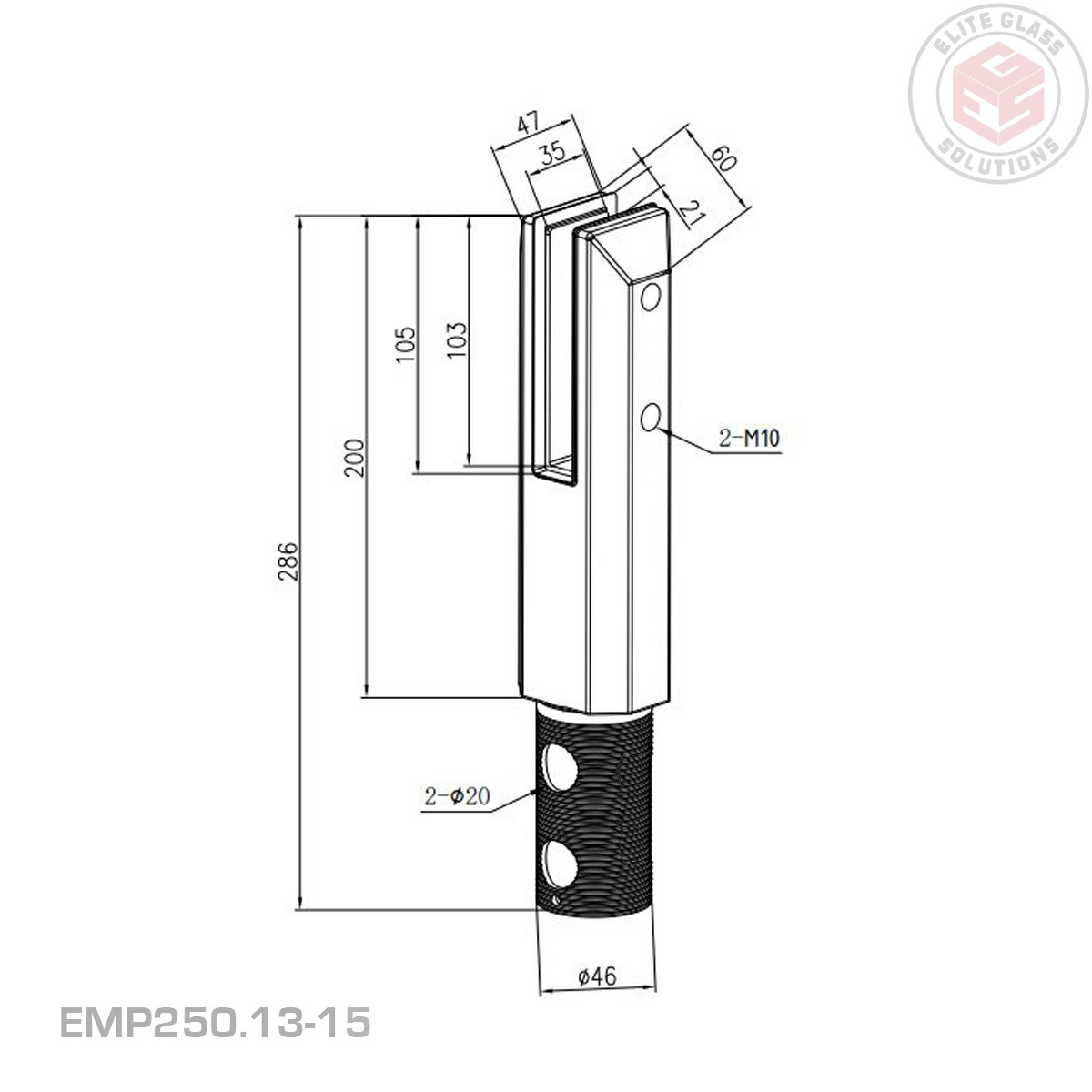 Hercules Core Drilled Square Spigot - Suits 13.52 - 15.04mm Glass - Matt Black